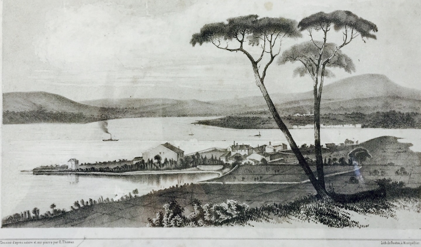 19th-century lithograph: the shore of the étang de Thau, drawn on stone by E. Thomas